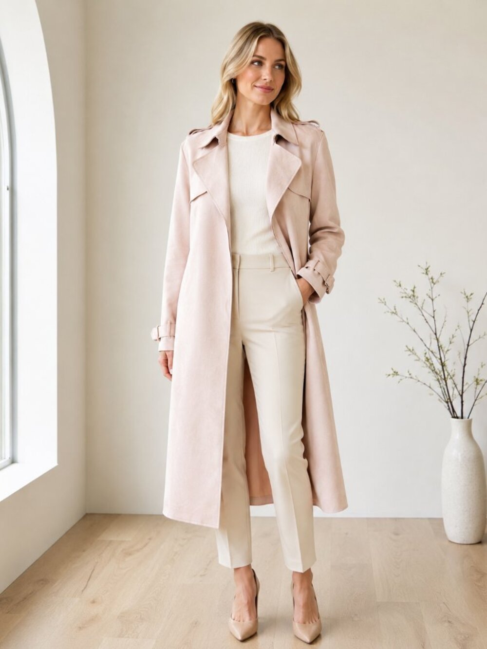 T Tahari Blush Pink Faux Suede Belted Trench Coat Size L